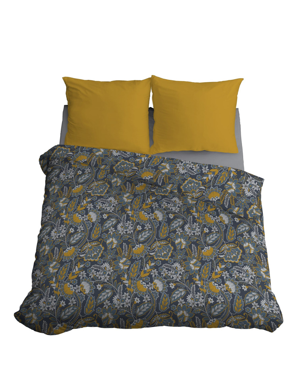 Komplet pościeli bawełnianej 220x200 kwiaty całość granat-żółty + 2x poszewka 3189 A