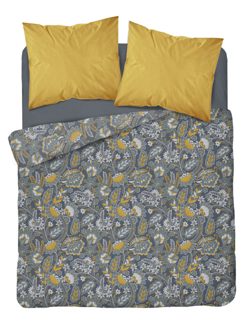 Komplet pościeli bawełnianej 220x200 kwiaty całość granat-żółty + 2x poszewka 3189 A