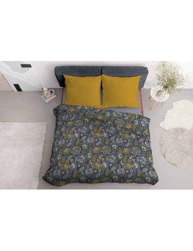 Komplet pościeli bawełnianej 220x200 kwiaty całość granat-żółty + 2x poszewka 3189 A