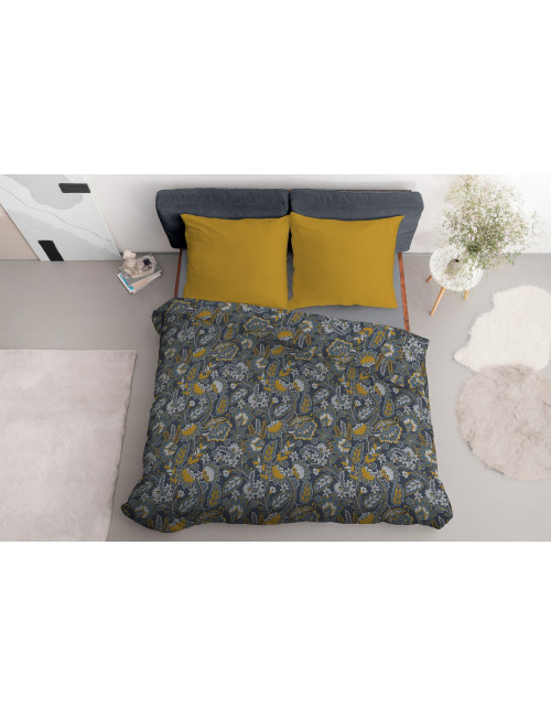 Komplet pościeli bawełnianej 220x200 kwiaty całość granat-żółty + 2x poszewka 3189 A