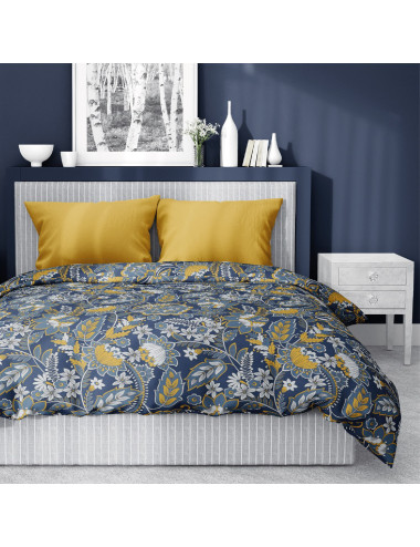 Komplet pościeli bawełnianej 220x200 kwiaty całość granat-żółty + 2x poszewka 3189 A - 4