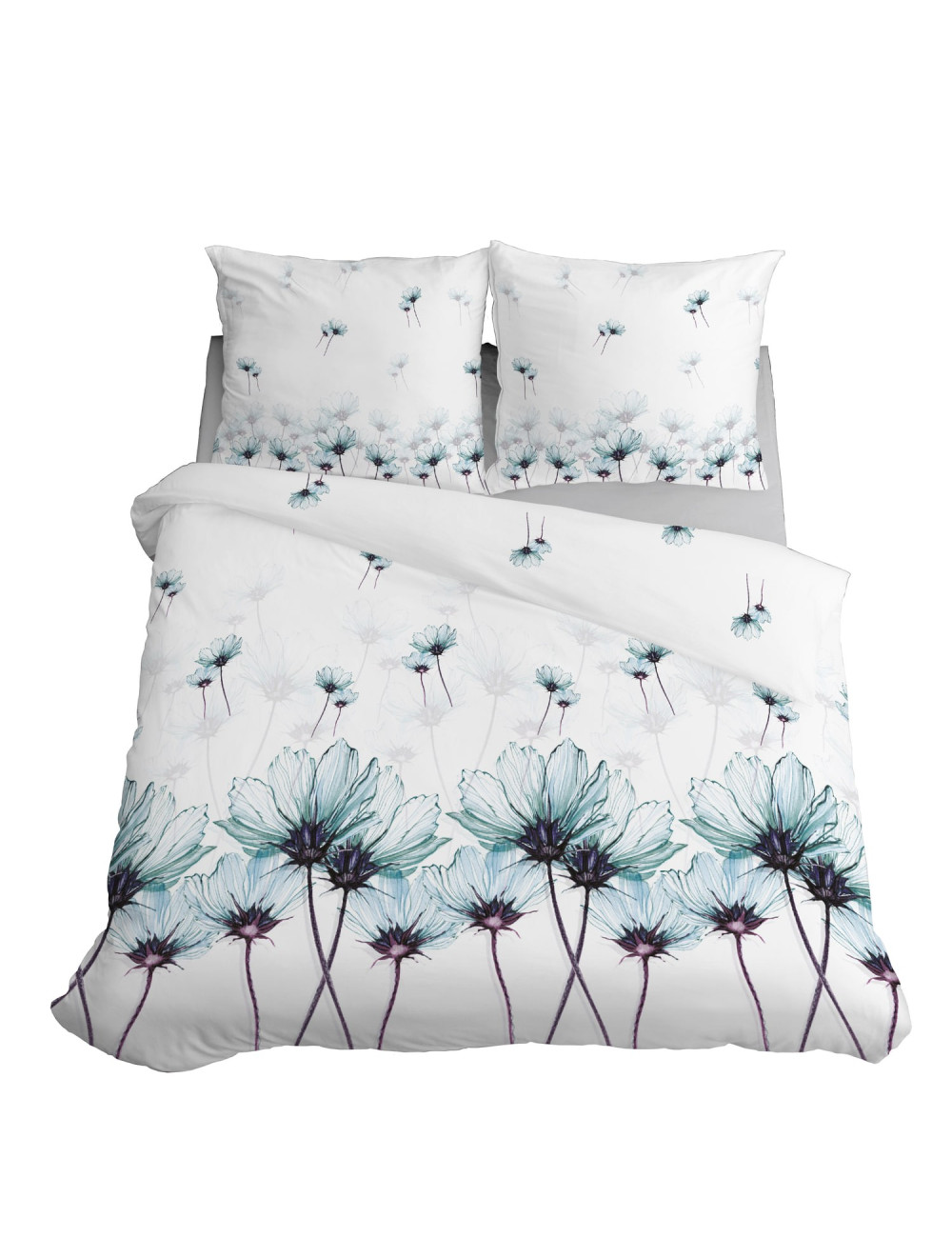 Komplet pościeli bawełnianej 220x200 duże kwiaty turkus-biel + 2x poszewka 3145 B