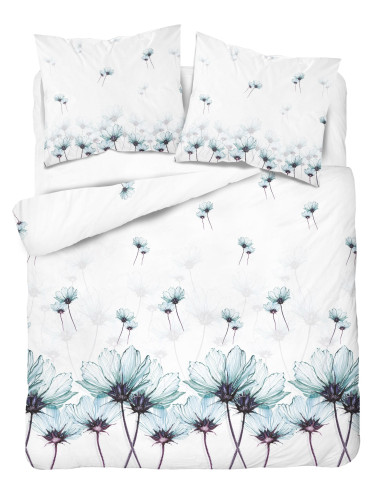 Komplet pościeli bawełnianej 220x200 duże kwiaty turkus-biel + 2x poszewka 3145 B