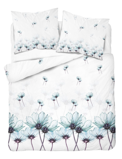 Komplet pościeli bawełnianej 220x200 duże kwiaty turkus-biel + 2x poszewka 3145 B