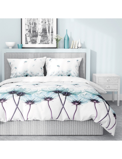 Komplet pościeli bawełnianej 220x200 duże kwiaty turkus-biel + 2x poszewka 3145 B