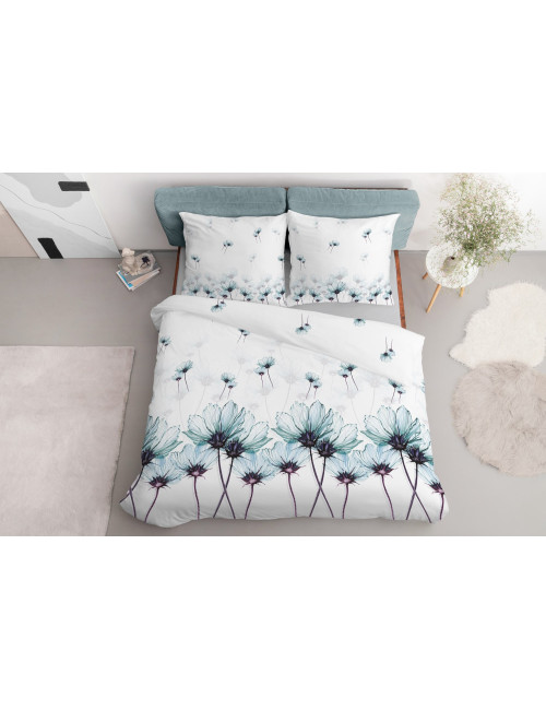 Komplet pościeli bawełnianej 220x200 duże kwiaty turkus-biel + 2x poszewka 3145 B