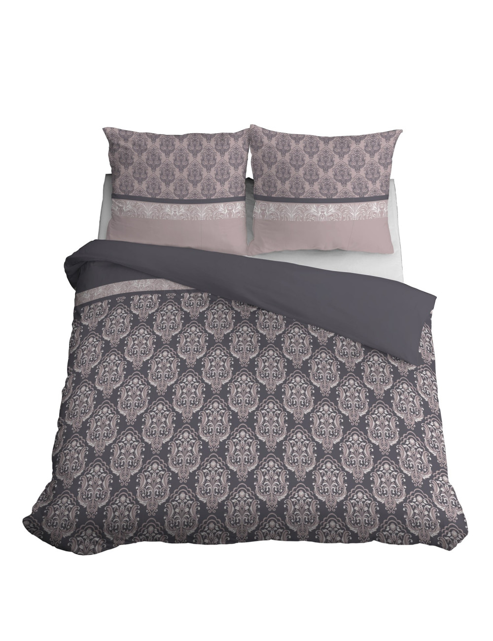 Komplet pościeli bawełnianej 220x200 barok szary-róż + 2x poszewka 3239 B