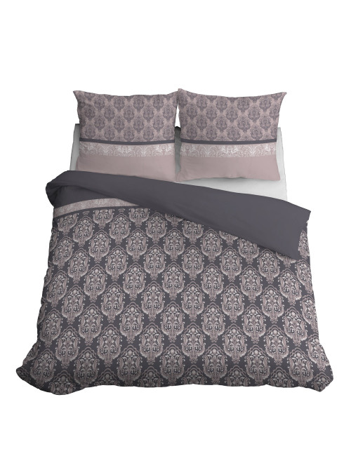 Komplet pościeli bawełnianej 220x200 barok szary-róż + 2x poszewka 3239 B