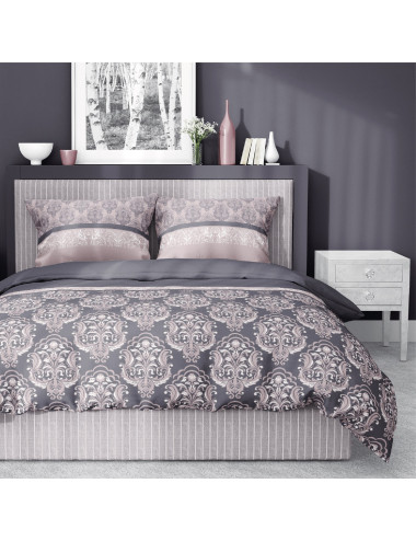 Komplet pościeli bawełnianej 220x200 barok szary-róż + 2x poszewka 3239 B