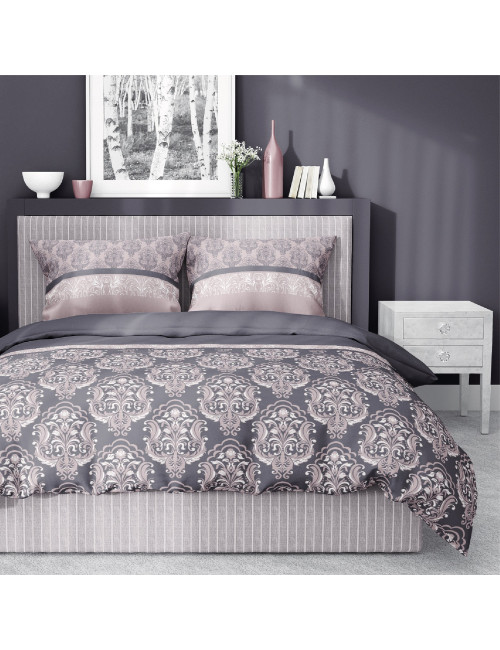 Komplet pościeli bawełnianej 220x200 barok szary-róż + 2x poszewka 3239 B