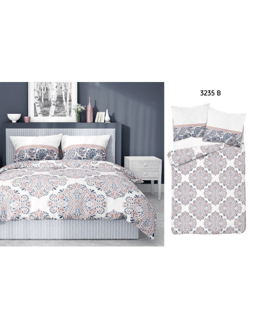 Komplet pościeli bawełnianej 220x200 wzór biel-niebieski + 2x poszewka 3235 B