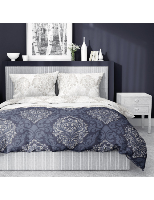 Komplet pościeli bawełnianej 220x200 wzór glamour granat-beż + 2x poszewka 3397 A