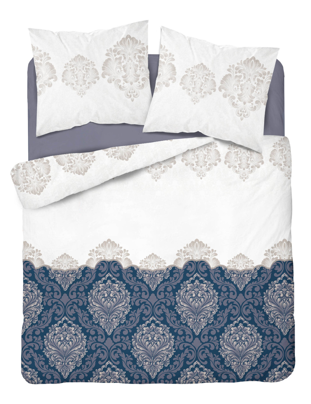 Komplet pościeli bawełnianej 220x200 wzór glamour granat-beż + 2x poszewka 3397 A