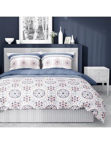 Komplet pościeli bawełnianej 220x200 wzór nowoczesny biel-granat + 2x poszewka 3395 A