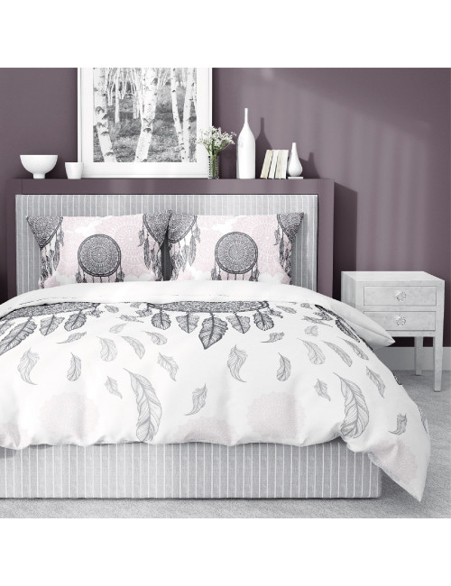 Komplet pościeli bawełnianej 220x200 boho biel-róż + 2x poszewka 3387 B