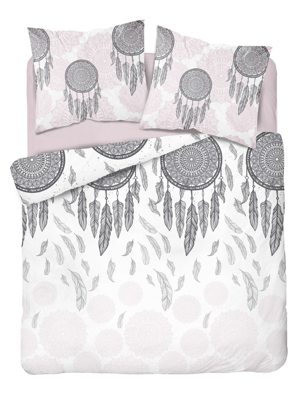 Komplet pościeli bawełnianej 220x200 boho biel-róż + 2x poszewka 3387 B
