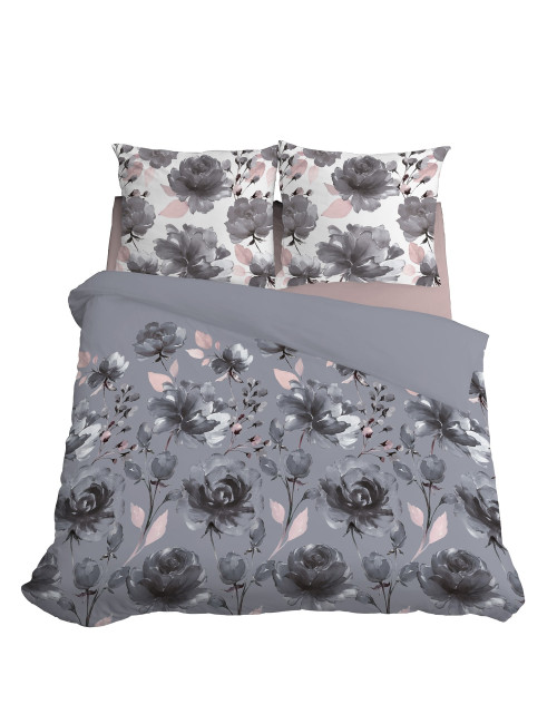 Komplet pościeli bawełnianej 220x200 róże szary + 2x poszewka 3394 B