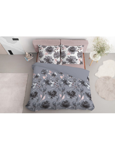 Komplet pościeli bawełnianej 220x200 róże szary + 2x poszewka 3394 B - 4