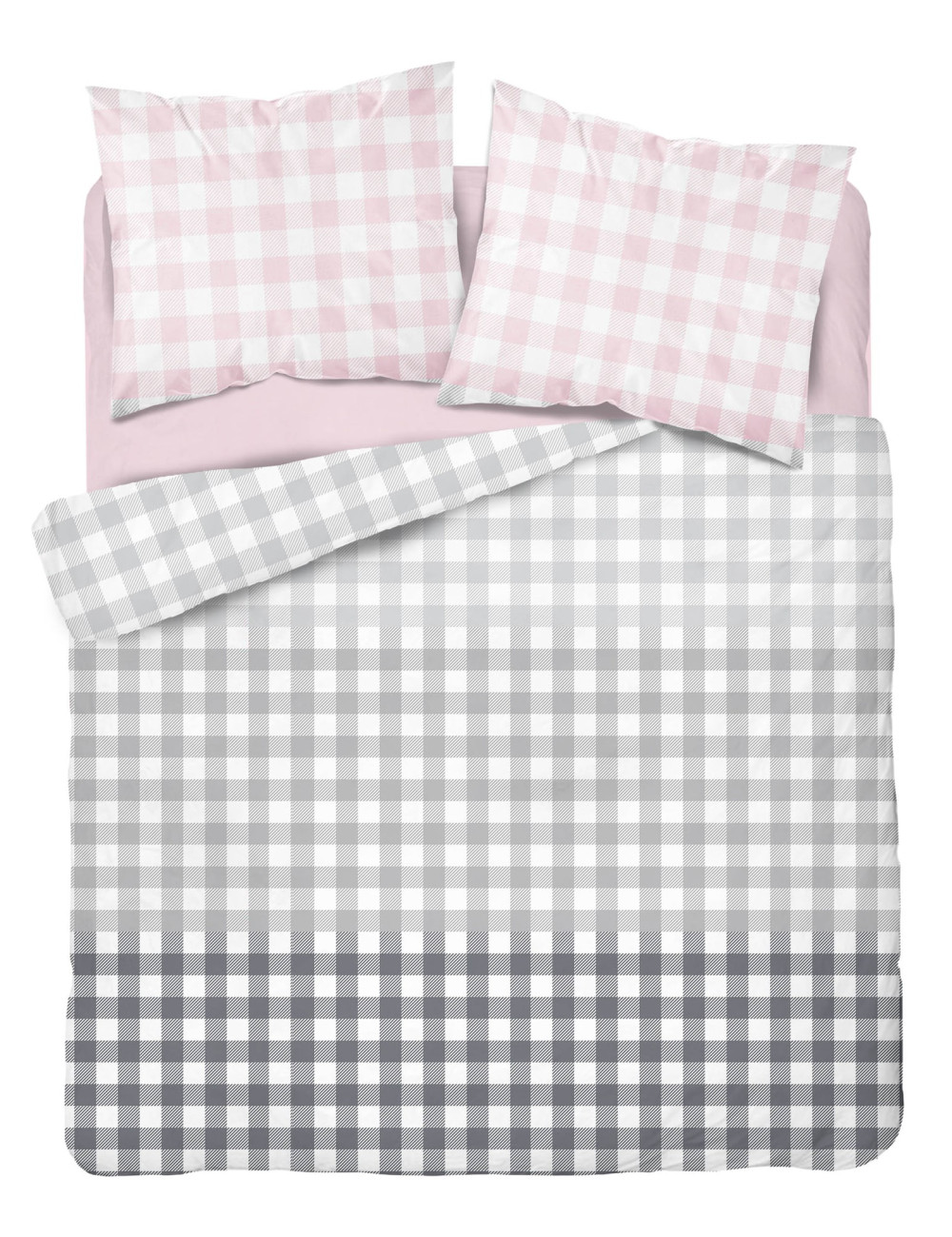 Komplet pościeli bawełnianej 220x200 krata szary-róż + 2x poszewka 3396 B