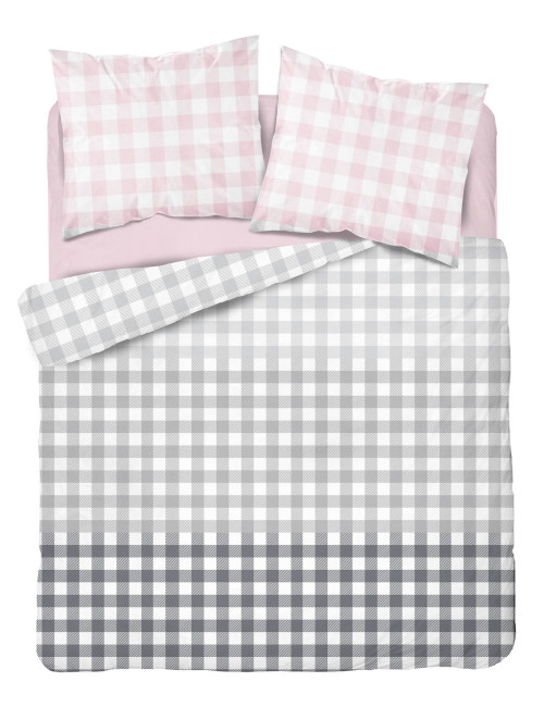 Komplet pościeli bawełnianej 220x200 krata szary-róż + 2x poszewka 3396 B
