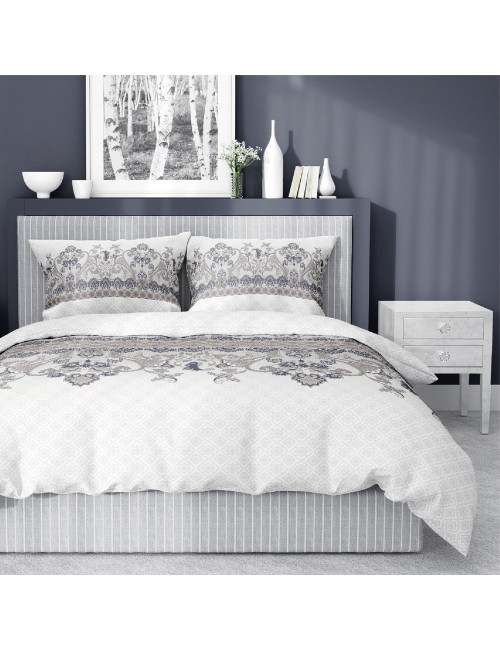 Komplet pościeli bawełnianej 220x200 klasyk szarość-granat-biel + 2x poszewka 3249 D