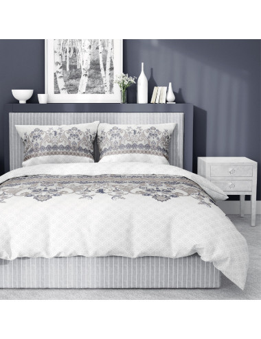 Komplet pościeli bawełnianej 160x200 klasyk biel-szarość-granat + 2x poszewka 3249 D