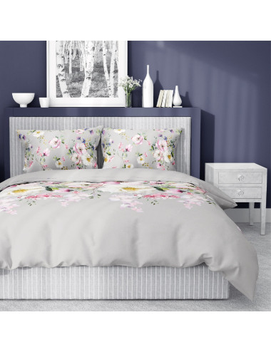 Komplet pościeli bawełnianej 160x200 kwiaty szarość-róż + 2x poszewka 3389 A