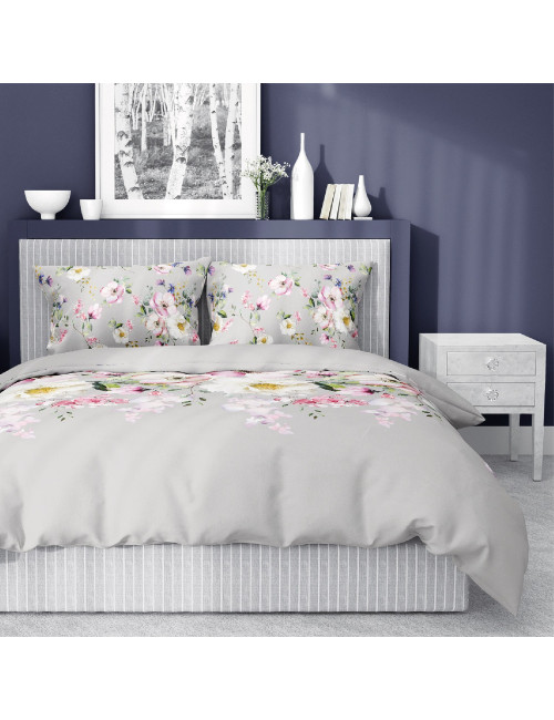 Komplet pościeli bawełnianej 160x200 kwiaty szarość-róż + 2x poszewka 3389 A