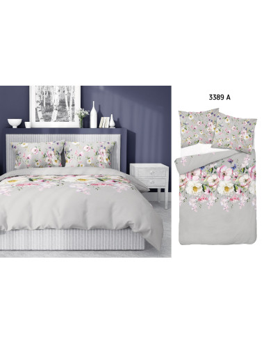 Komplet pościeli bawełnianej 160x200 kwiaty szarość-róż + 2x poszewka 3389 A