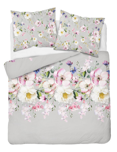 Komplet pościeli bawełnianej 160x200 kwiaty szarość-róż + 2x poszewka 3389 A