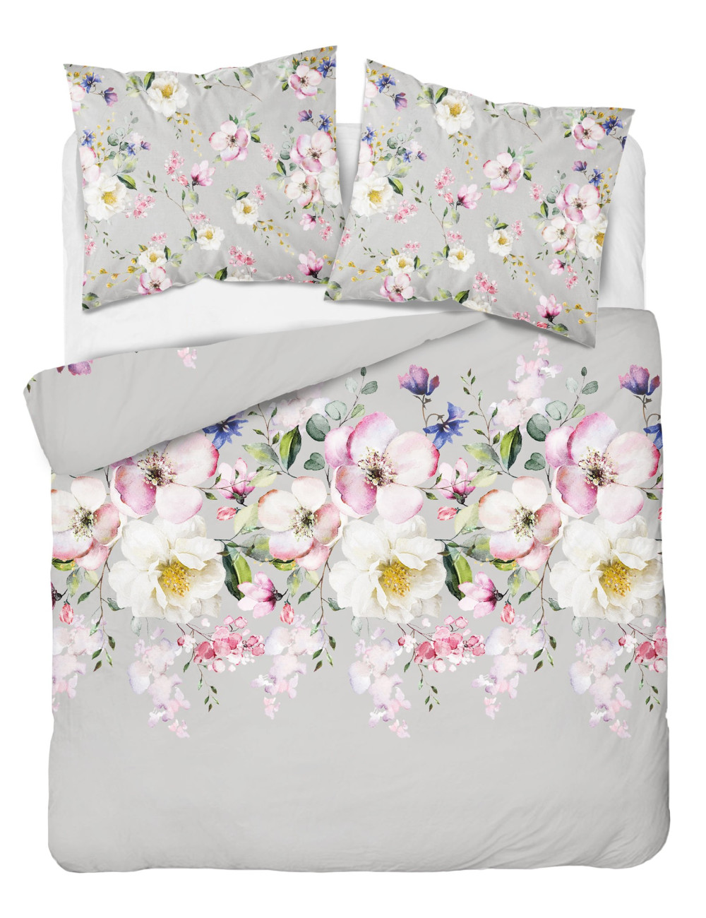 Komplet pościeli bawełnianej 160x200 kwiaty szarość-róż + 2x poszewka 3389 A