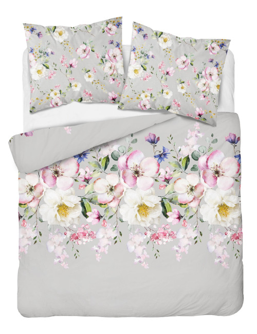 Komplet pościeli bawełnianej 160x200 kwiaty szarość-róż + 2x poszewka 3389 A