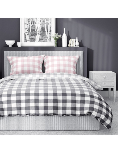 Komplet pościeli bawełnianej 160x200 krata szary-róż + 2x poszewka 3396 B