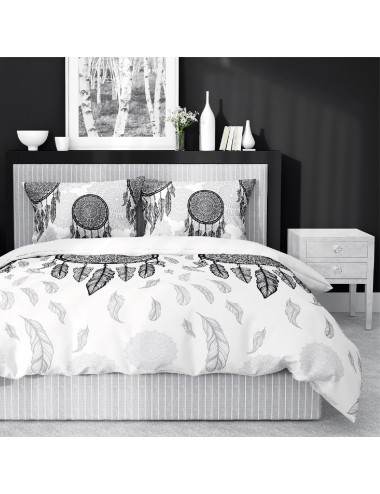 Komplet pościeli bawełnianej 160x200 boho biel-czerń + 2x poszewka 3387 A