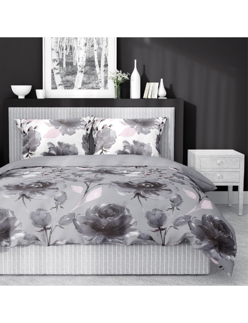 Komplet pościeli bawełnianej 160x200 róże szary + 2x poszewka 3394 B