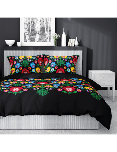 Komplet pościeli bawełnianej 160x200 wzór góralski czarny + 2x poszewka 3540 A