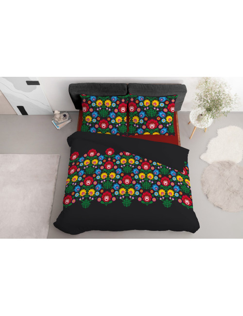 Komplet pościeli bawełnianej 160x200 wzór góralski czarny + 2x poszewka 3540 A