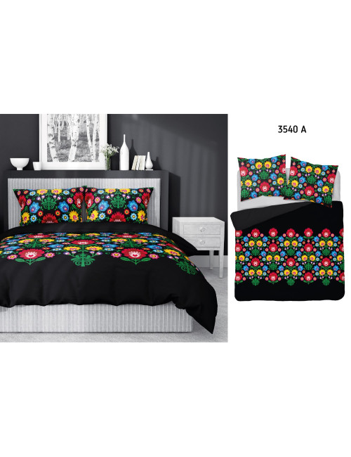 Komplet pościeli bawełnianej 160x200 wzór góralski czarny + 2x poszewka 3540 A