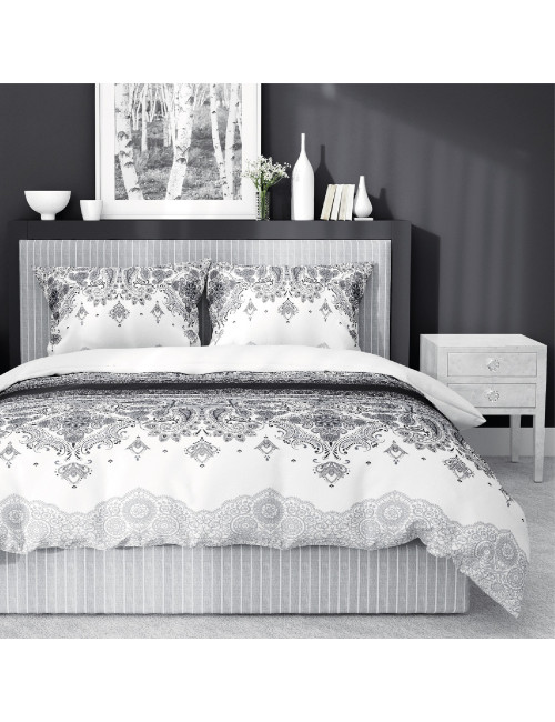 Komplet pościeli bawełnianej 160x200 ornament szarość-biel + 2x poszewka 3635 B