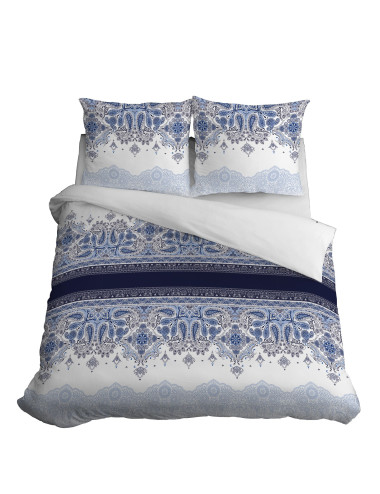 Komplet pościeli bawełnianej 220x200 ornament granat-biel + 2x poszewka 3635 A