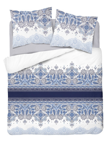 Komplet pościeli bawełnianej 220x200 ornament granat-biel + 2x poszewka 3635 A