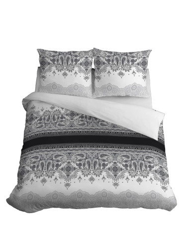 Komplet pościeli bawełnianej 220x200 ornament szarość-biel + 2x poszewka 3635 B