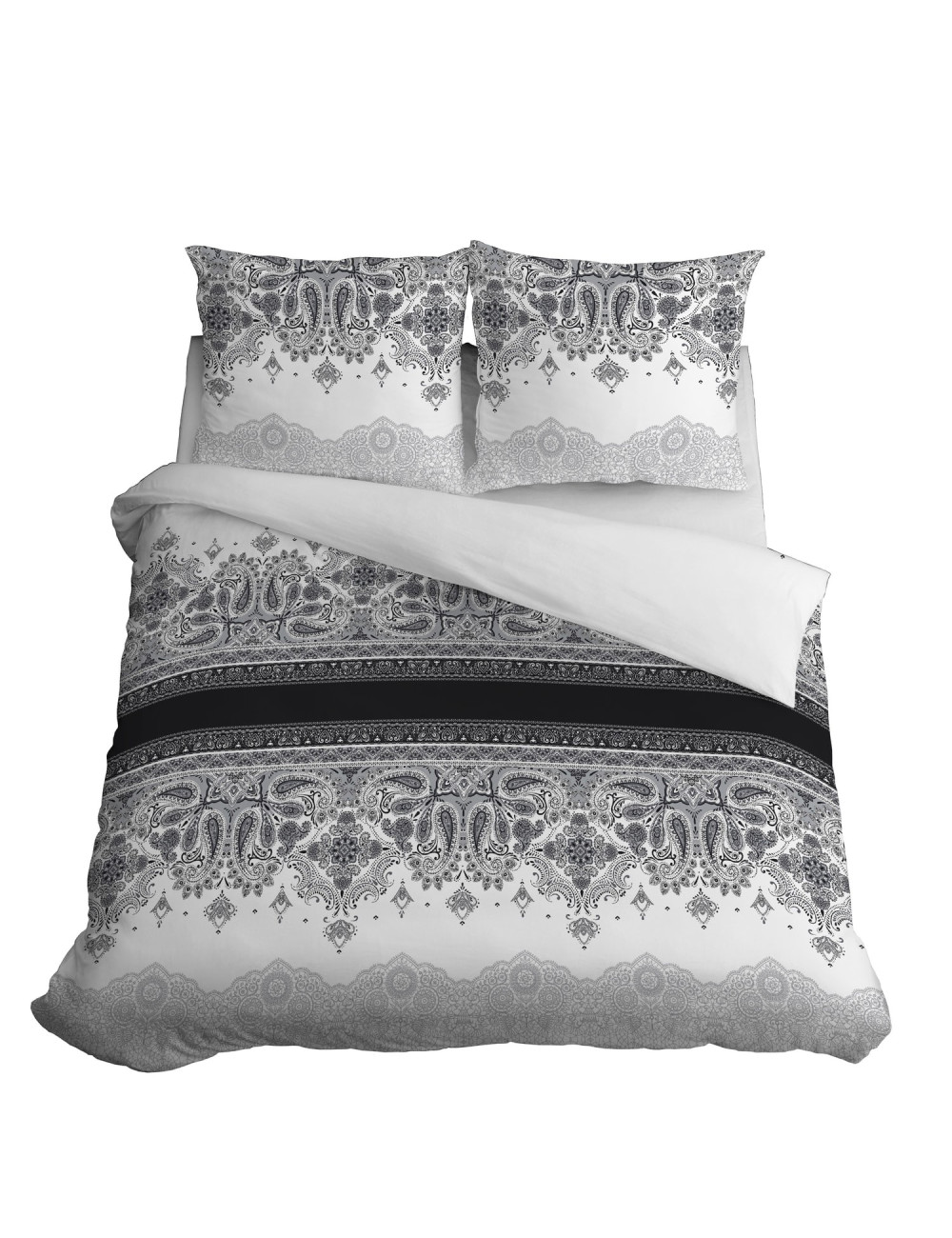 Komplet pościeli bawełnianej 220x200 ornament szarość-biel + 2x poszewka 3635 B