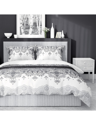 Komplet pościeli bawełnianej 220x200 ornament szarość-biel + 2x poszewka 3635 B