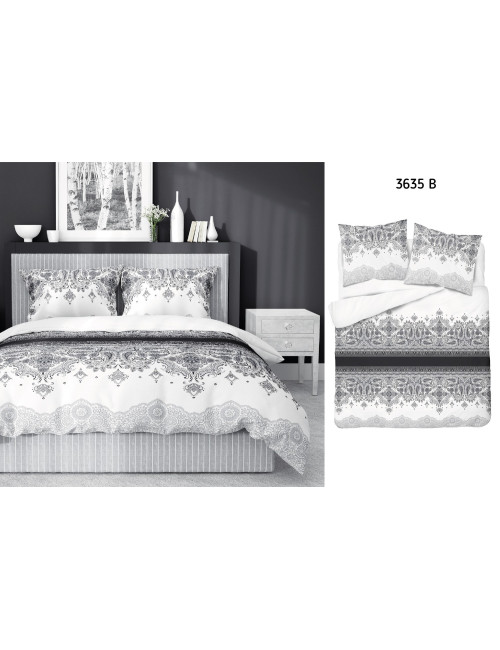 Komplet pościeli bawełnianej 220x200 ornament szarość-biel + 2x poszewka 3635 B