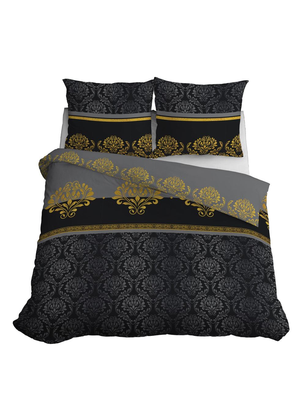Komplet pościeli bawełnianej 220x200 klasyk szarość-złoto-granat + 2x poszewka 3636 B