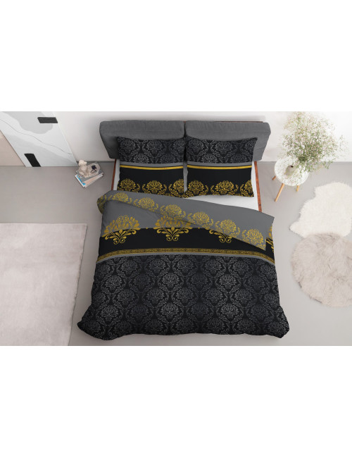 Komplet pościeli bawełnianej 220x200 klasyk szarość-złoto-granat + 2x poszewka 3636 B