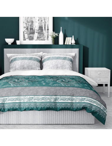 Komplet pościeli bawełnianej 220x200 klasyk turkus-biel-szarość + 2x poszewka 3638 B