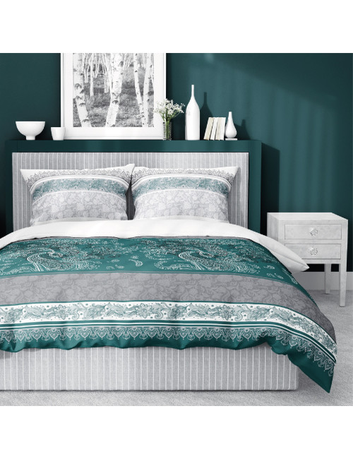 Komplet pościeli bawełnianej 220x200 klasyk turkus-biel-szarość + 2x poszewka 3638 B