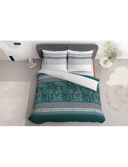 Komplet pościeli bawełnianej 220x200 klasyk turkus-biel-szarość + 2x poszewka 3638 B